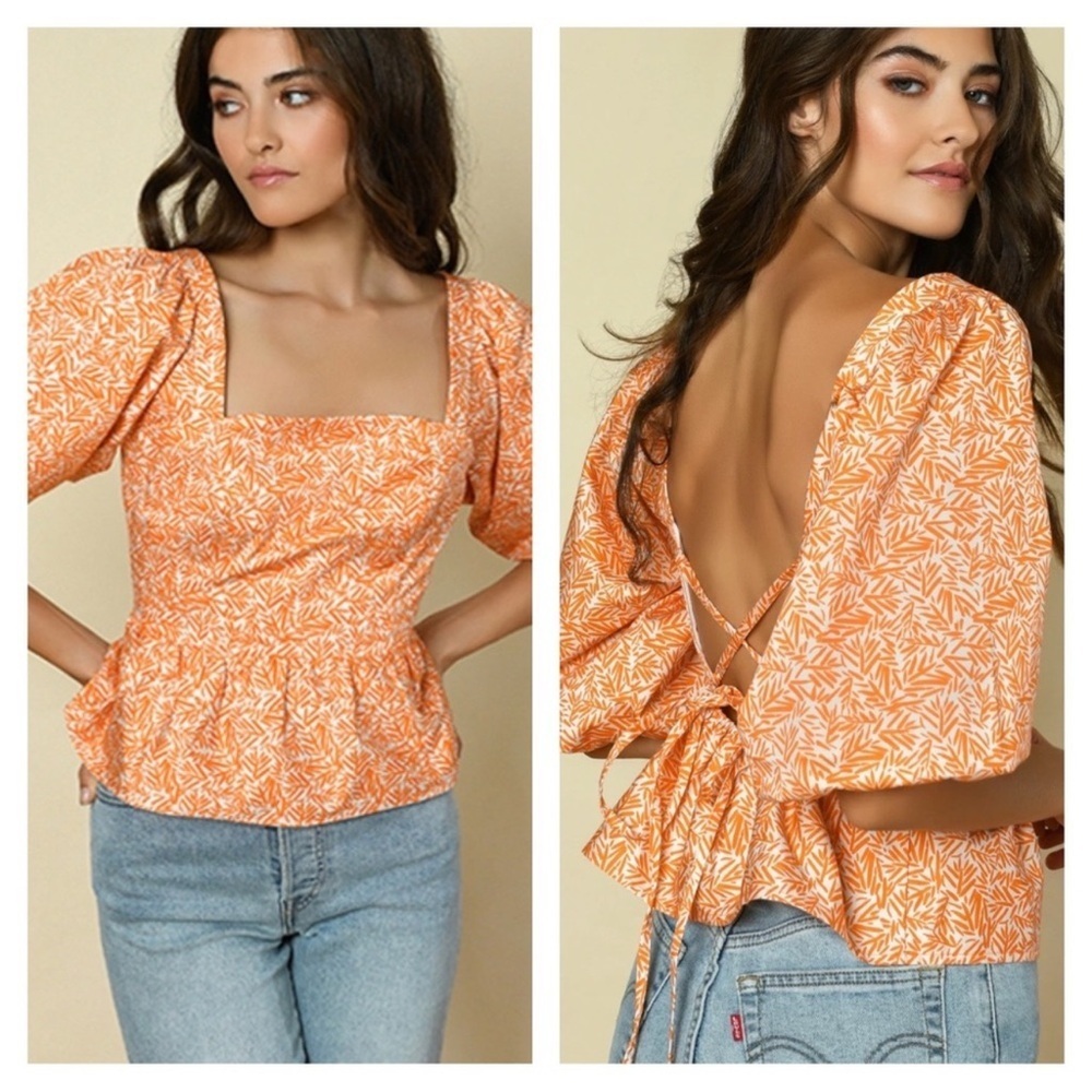 Anthropologie Hutch Ulla Top Orange Matchstick peplum Puff Sleeve Lace Up Size S